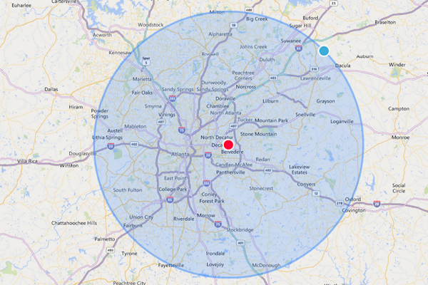 Water Damage Restoration Service Area Map for Alpharetta, Georgia